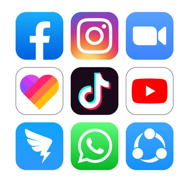 Set of popular Social Media Apps icons: Facebook, Instagram, Zoom, Likee, Tiktok, Youtube, DingTalk, WhatsApp and ShareIt, vector illustration