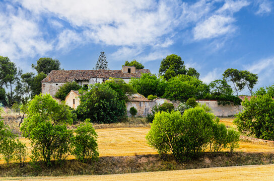 Old Abandoned Stone Country House In Catalonia, Surrounded By A Meadow And Trees