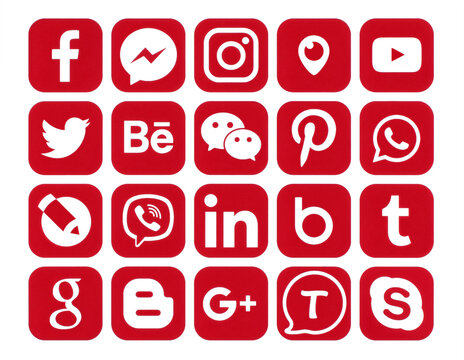 Set of popular red social media icons: Facebook, Twitter, Skype, Instagram, Pinterest, LinkedIn, Tumblr and others