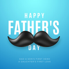 Happy Father's Day design with black moustache and greeting text on blue background. Vector illustration.