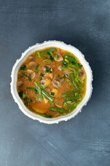 Traditional soup with mushrooms on a gray background. View from above.