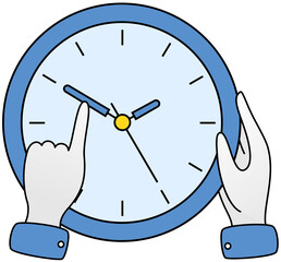 Person holding hand of clock to delay time. Character wants to deal with deadline. Watch as symbol of time management. Watches with seconds and minutes in hands. Clock with arrows vector illustration