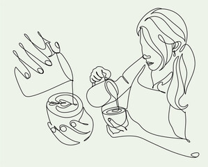 Continue line of barista pouring milk to coffee. Line art drawing of staff coffee vector illustration. Minimalist 