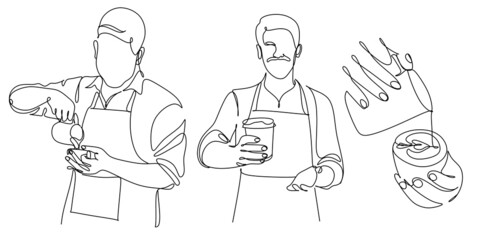 Continue line of barista pouring milk to coffee. Line art drawing of staff coffee vector illustration. Minimalist  - obrazy, fototapety, plakaty