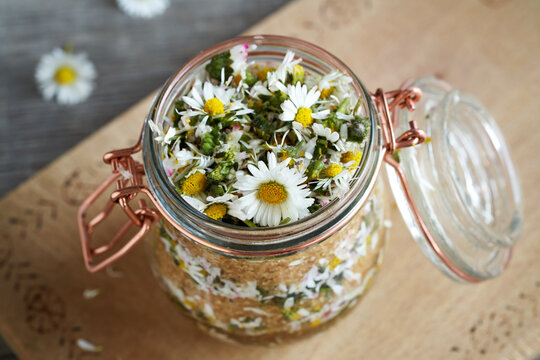 Preparation of herbal syrup from common daisy flowers and sugar