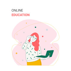 Online Education Landing Page Template. Distant Studying. Laptop. Lesson on Screen. Cartoon People Vector Illustration
