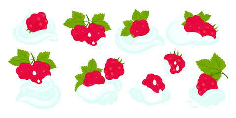 Raspberries and whipped cream. Vector set