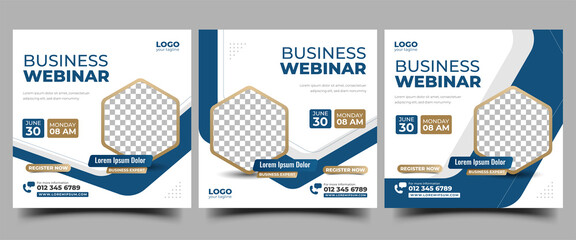 Set of Social media post template for webinar invitation. Editable modern square banner with white background and blue shape.