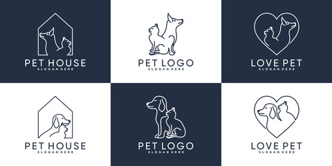 Set of cat and dog logo design with line art style and creative element Premium Vector