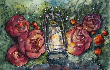 Lantern in the rose garden. Watercolor hand drawn