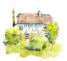 English cottage. Old England. Watercolor hand drawn illustration.