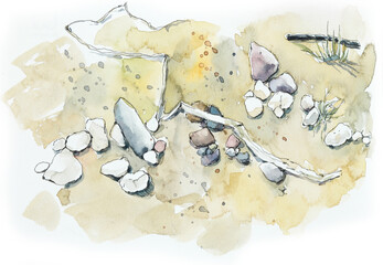 Pebbles on the river bank. Relaxation and rest. Cute little things all around. Watercolor hand drawn illustration.