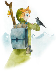 Traveler. Hand drawn watercolor illustration.