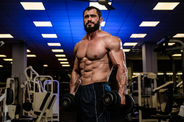 Fototapeta na wymiar strong bearded male with dumbbells in sport gym during heavy training