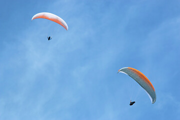 	
Paragliders in a blue sky	