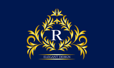 Elegant monogram for cards, invitations, menus, labels with the letter R on a dark background. Exquisite design of pages, business sign, boutiques, cafes, hotels, wedding invitations.