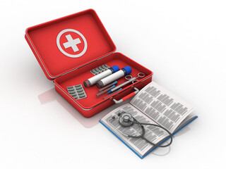 3d rendering Test tubes with blood for medical and biological analyzes with Syringe and pill on first aid box
