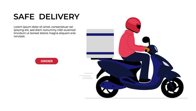 Stock vector hand drawn flat illustration delivery courier on motorcycle web page concept