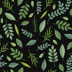 Seamless Pattern with Green Leaves on Black Background. Vector