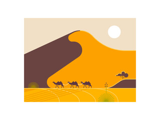 illustration cartoon of camels walking in row in desert