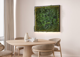 Stabilized moss hanging on the wall in modern interior. Panel of green moss. Beautiful square decoration element, made of stabilized plants: grass, moss, fern and green leaves. 3d rendering.