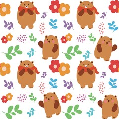Fototapeta premium seamless pattern with cute bear ,leaves and flower. Cute background.