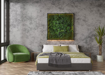 Stabilized moss hanging on the wall in modern interior. Panel of green moss. Beautiful square decoration element, made of stabilized plants: grass, moss, fern and green leaves. 3d rendering.