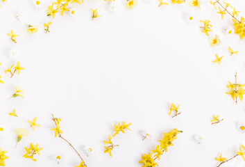 Spring frame of small flowers and daisy, floral arrangement