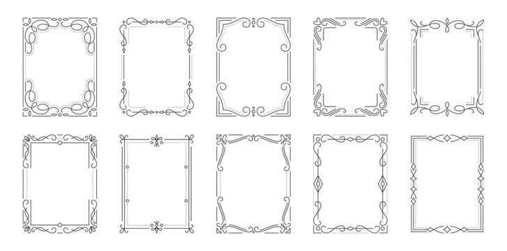 Vintage frame border divider text black line set. Retro filigree rectangle shape greeting card restaurant menu wedding decorating book cover. Rich pattern geometric design element isolated on white