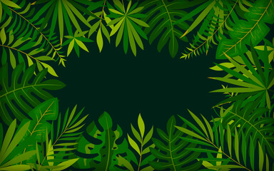 Fototapeta na wymiar Tropic dark palm foliage banner green flat style. Exotic palm leaf monstera jungle summer spring background. Design spa beauty salon cosmetics presentation template promotion excursion paradise trip