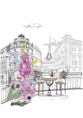 Series of backgrounds decorated with flowers, old town views and street cafes. Café window.   Hand drawn vector architectural background with historic buildings.  - 505227342