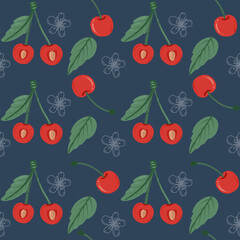 Cherry fruit seamless pattern. Cherry in cartoon style repeated backdrop. Whole fruit and cut half. Food template for background, textile, wrapping paper, wallpaper