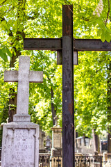 Zabytkowy cmentarz w centrum miasta w Warszawie. Zielone drzewa, pomniki, krzyże i rzeźby. Stare Powązki.