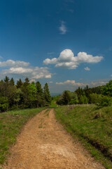 Fototapeta na wymiar Landscape near Banska Stiavnica town in sping fresh color morning with path