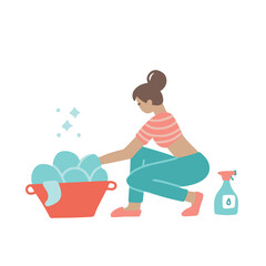 Woman Hand Washing Her Clothes and Doing Laundry squatting. Home people activity. Flat hand drawn illustration.