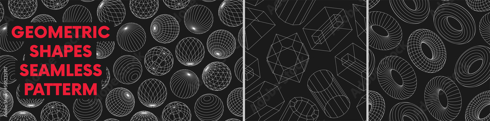 Poster Seamless pattern with linear form geometric shapes, strange wireframes distortion and transformation of figure, vector graphic design inspired by brutalism, set 1