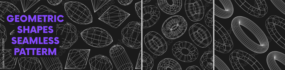 Poster Seamless pattern with linear form geometric shapes, strange wireframes distortion and transformation of figure, vector graphic design inspired by brutalism, set 2