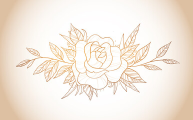 Composition with hand drawn rose flower and leaves in vintage style. Vector line art for tattoo design, coloring page, invitation, greeting card.