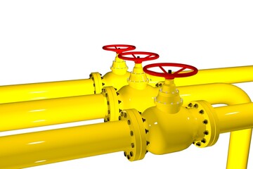 Yellow gas pipe with a crane goes along the facade of a new multi-storey building. House connected to gas for domestic use