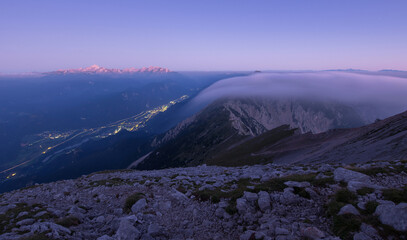 Twilight before sunrise over Triglav in Julian Alps - obrazy, fototapety, plakaty