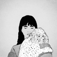 Ilustracja młoda dziewczyna z zamkniętymi oczami z psem pudlem na rękach. - obrazy, fototapety, plakaty