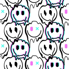 Melting smile emoji icons seamless pattern. Melted funny smile face. Dripping smile. Good mood positive emoji.