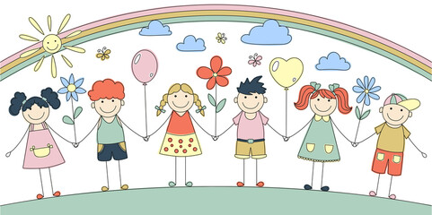 Cheerful children holding hands with flowers and balloons on a rainbow background. Summer and friendship concept. Happy doodle kids.. Hand drawn. For prints, posters, postcards, banners, etc. Vector