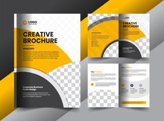 yellow corporate company business bifold brochure and cover layout concept design with creative shapes