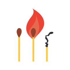 Set of matches with flame. Unused, lighted and burned match. Vector illustration.