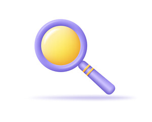 Magnifying glass 3d icon. Render purple loupe. Search, find, navigation, zoom, analysis, education concept. 3d vector cartoon minimal illustration