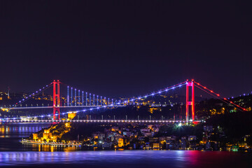 Fototapeta na wymiar Fatih Sultan Mehmet Bridge, 15 July (Bosphorus) Bridge and Bosphorus night view