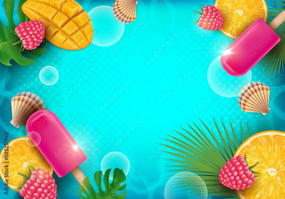 Poster Summer Ads Banner Concept Poster Card Background with Different Tropical Fruits and Empty Place for Text. Vector illustration