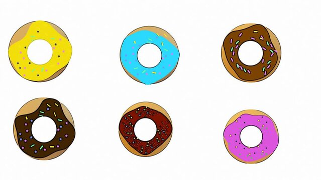 Assortment of drawn animated donuts moves on a white background