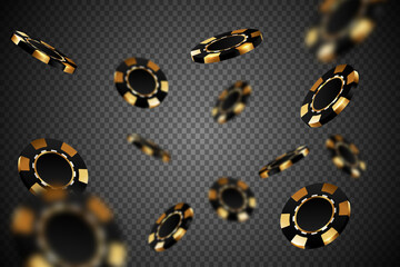 Black gold casino chips falling in different positions on transparent background. Golden poker chips isolated backdrop with defocused blur elements - 505238313